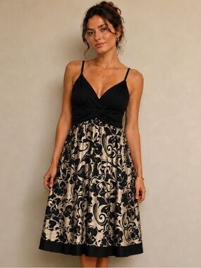 Intrigue Black & Gold Fit-and-Flare Midi Dress